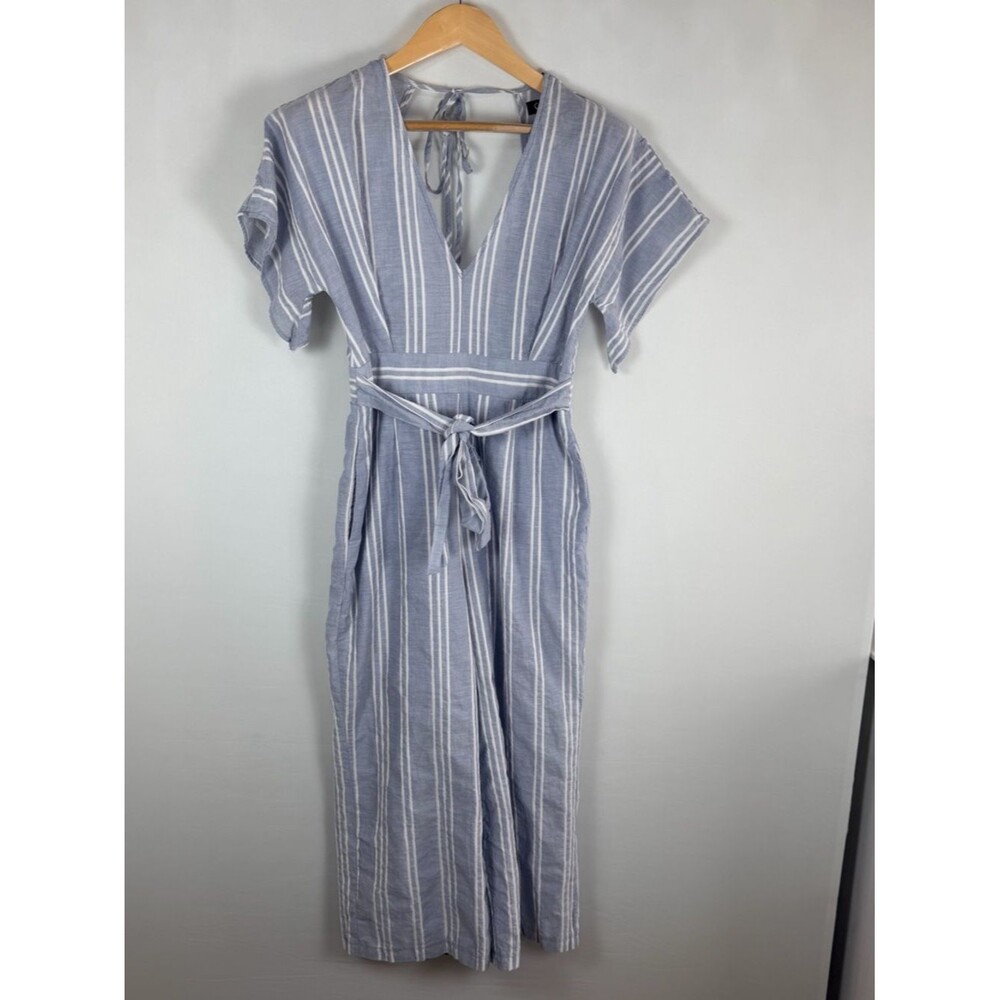 Crystal Sky Striped Jumpsuit Size 5 Blue White Open Back Tie Waist Wide Leg